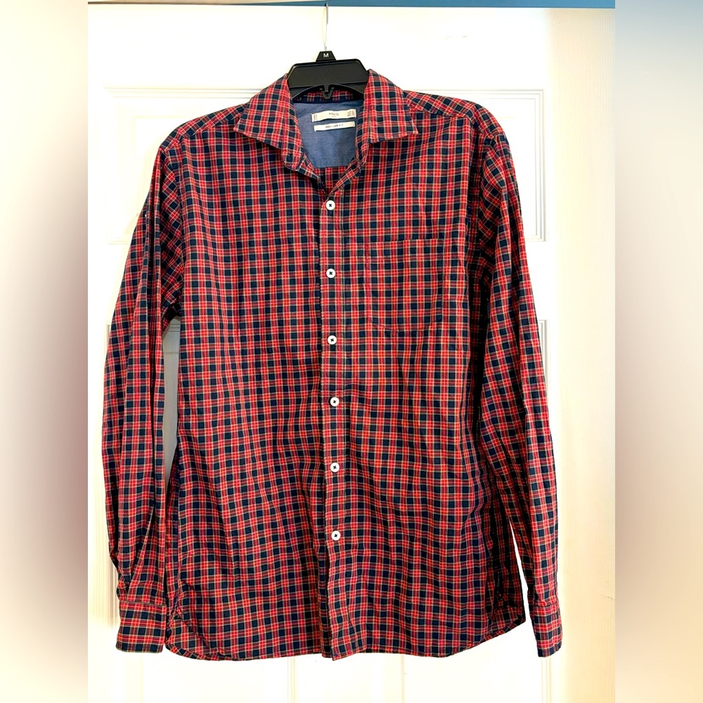 Mango MNG Mens XS Reg Fit Button Up Long Sleeve Shirt Red & Blue Plaid Cotton